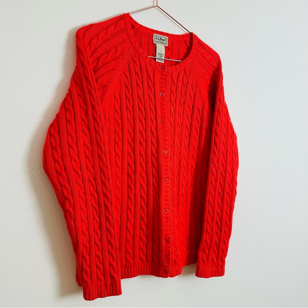 Vintage L.L.Bean Cable Knit Cardigan Sweater Salmon Color - Picture 6 of 8